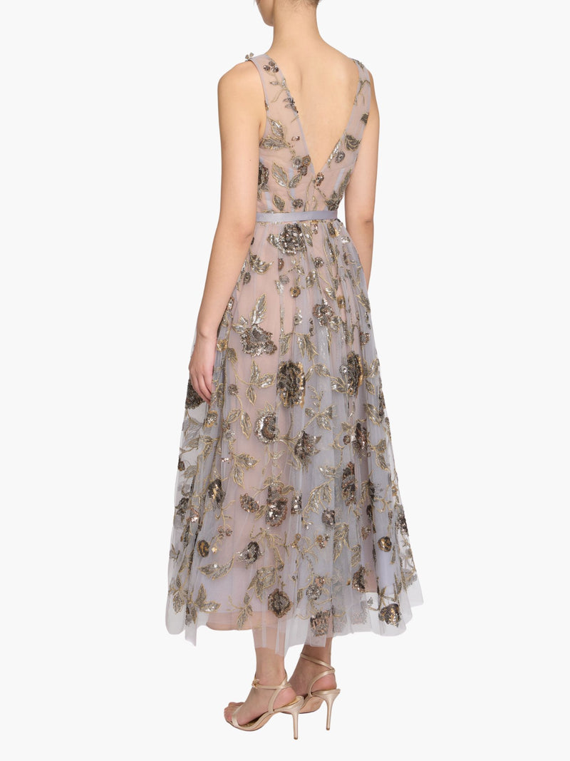 Sleeveless Embroidered Tulle Midi Dress