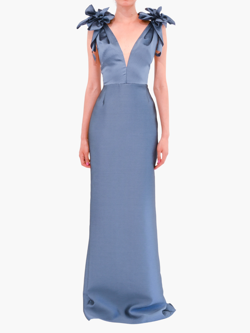 Draped Floral Mikado Gown