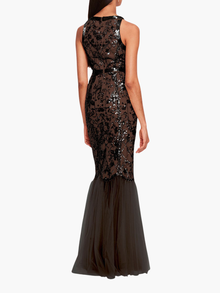 Sequin Lattice Strapless Gown