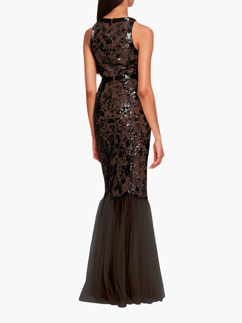 Sequin Lattice Strapless Gown