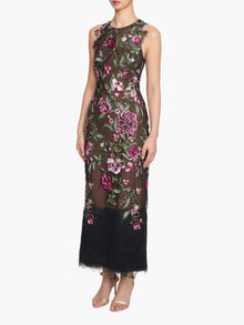 marchesa notte floral appliqud embroidered tulle midi dress Floral-appliqud embroidered tulle dress - black