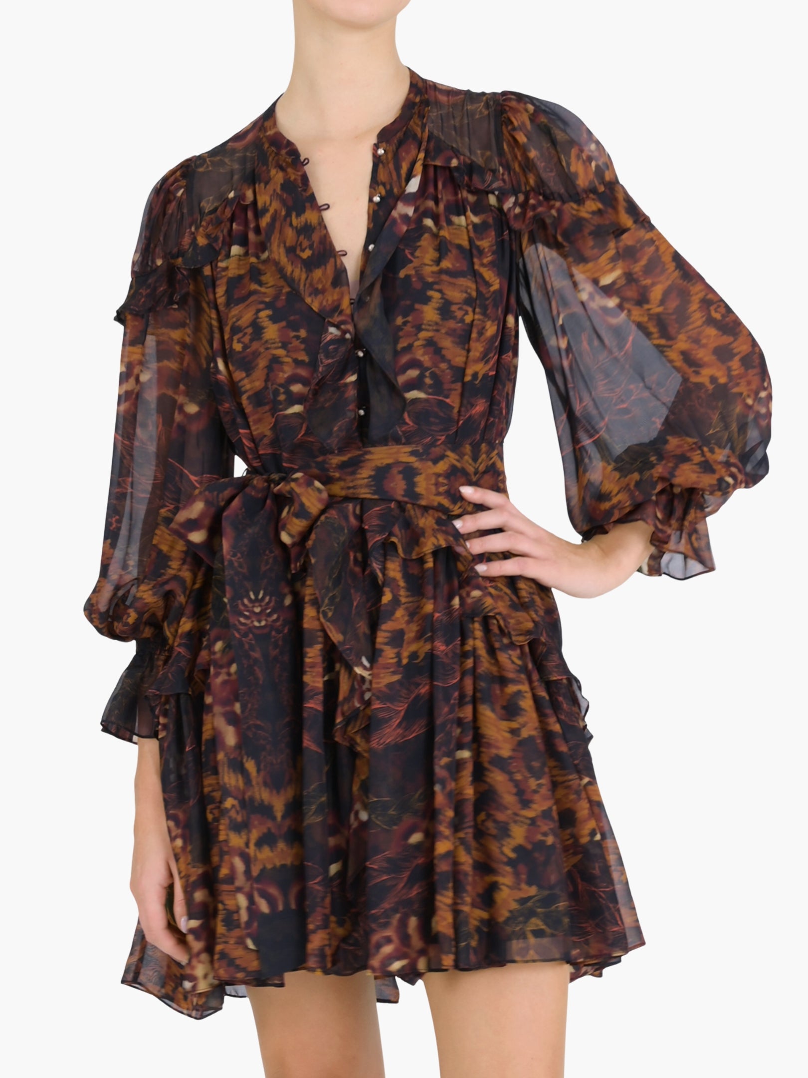 Braided Leopard Flounced Silk Chiffon Mini Dress | Marchesa Braided Leopard Flounced Silk Chiffon Mini Dress | Marchesa