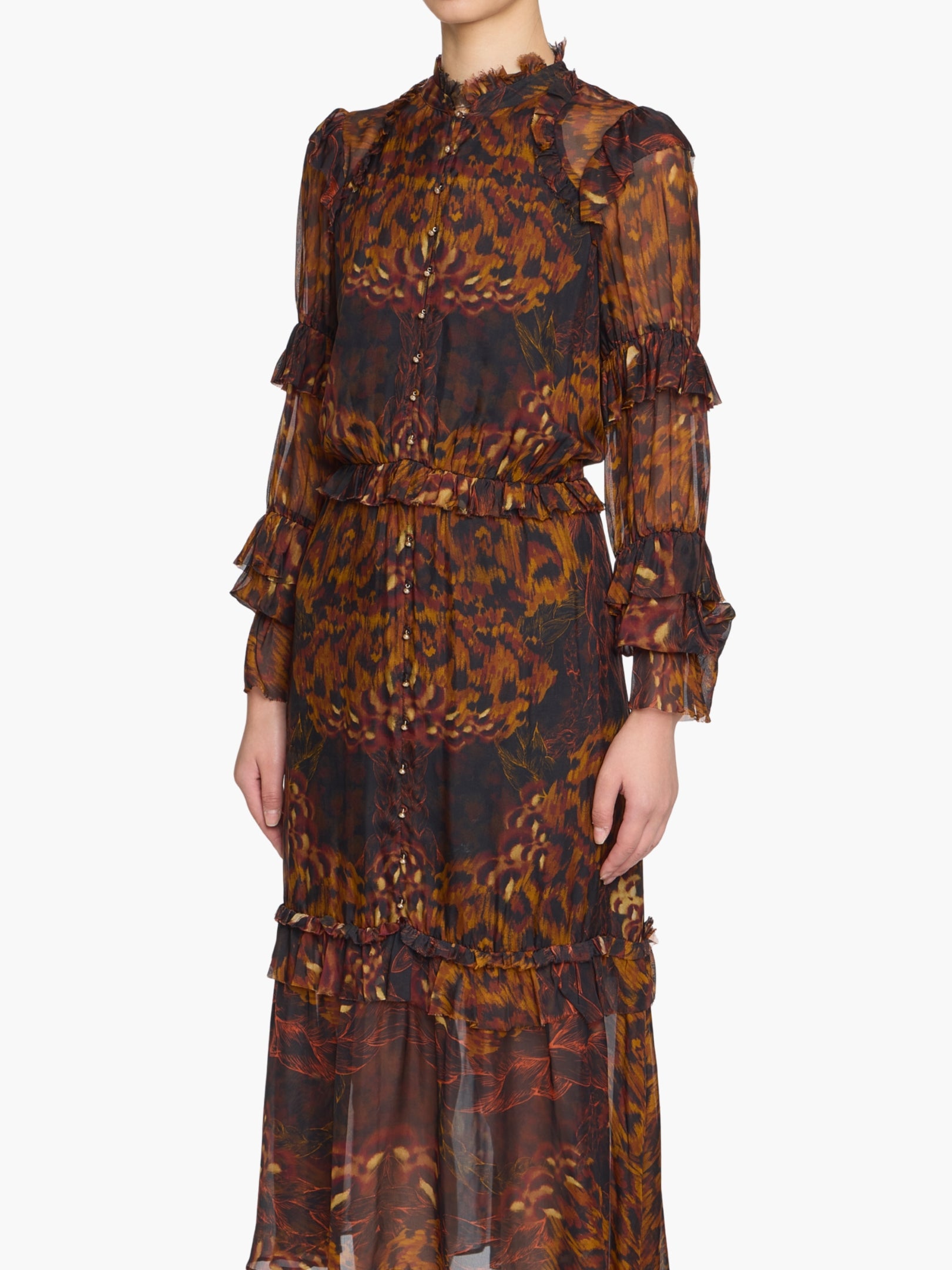 Braided Leopard Flounced Silk Chiffon Midi Dress