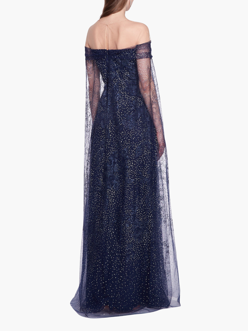 Off-Shoulder Glitter Cape Gown