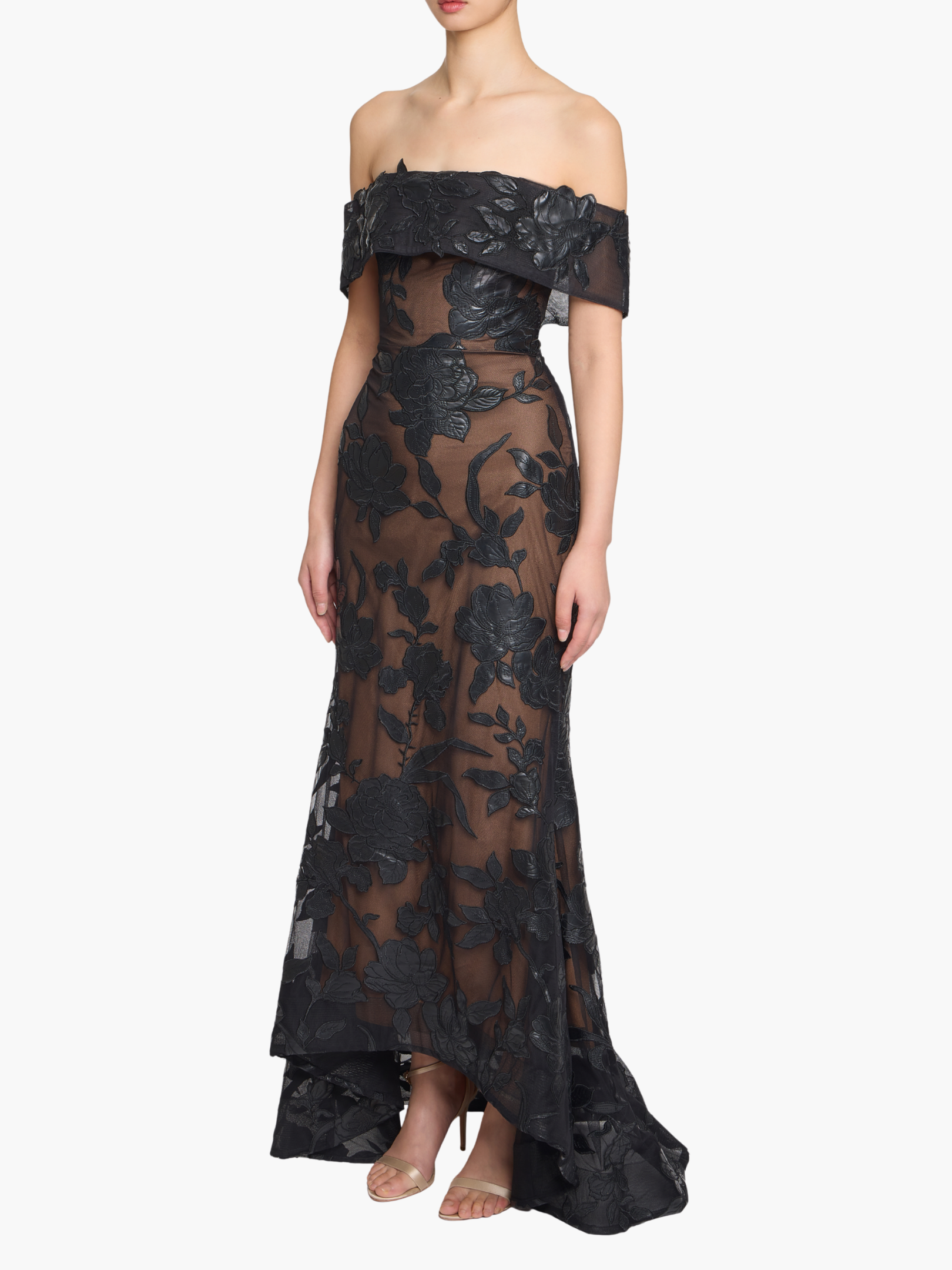 Leather Guipure Fitted Off Shoulder Hi-Lo Gown - Black / 12 / N88G4127 Leather Guipure Fitted Off Shoulder Hi-Lo Gown - Black / 12 / N88G4127