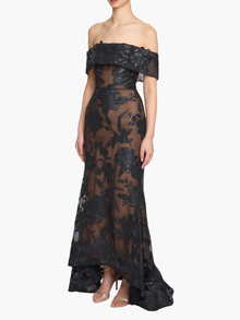 Leather Guipure Fitted Off Shoulder Hi-Lo Gown