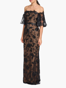 Illusion Murals Off The Shoulder Beaded Illusion Column Gown