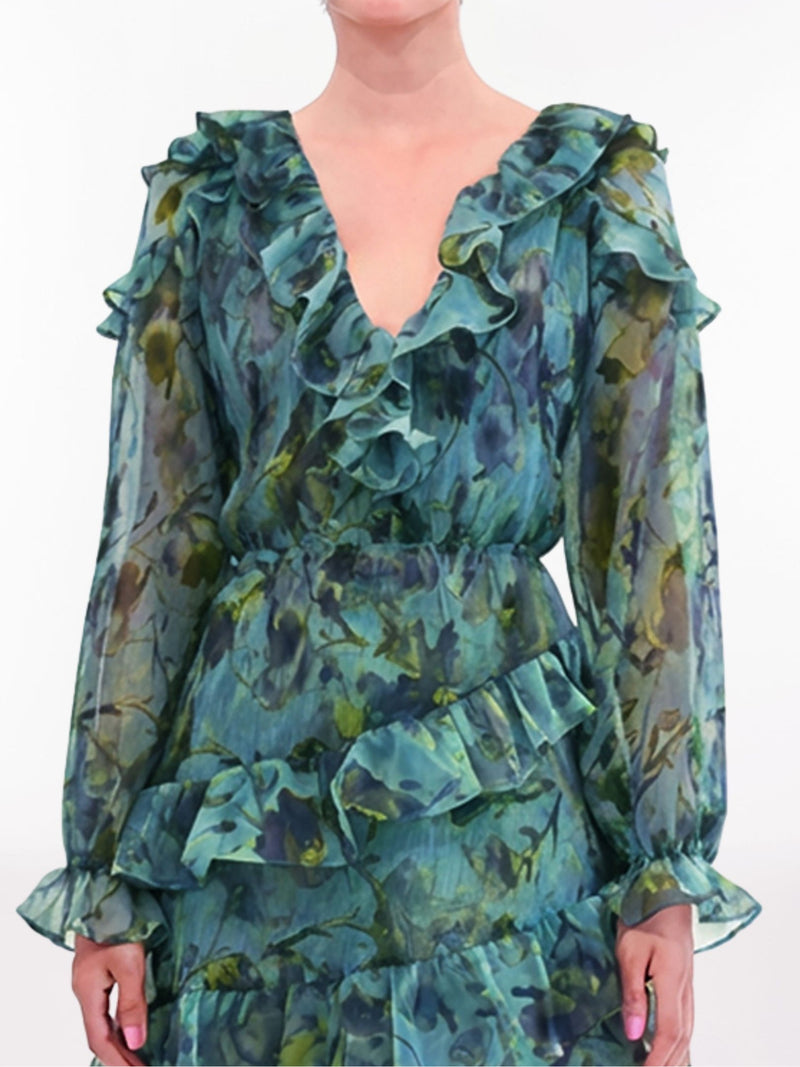 Watercolor Blooms Pleated Long Sleeve Chiffon Mini Dress