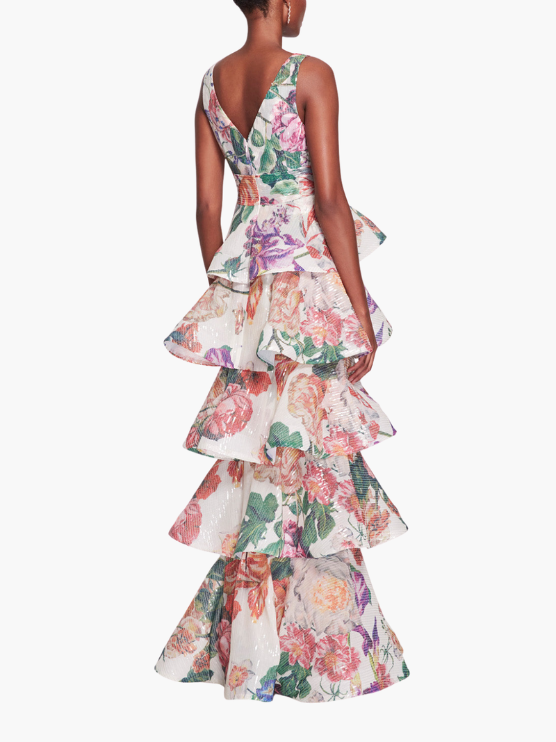 Plunging V-Neck Floral Printed Gown