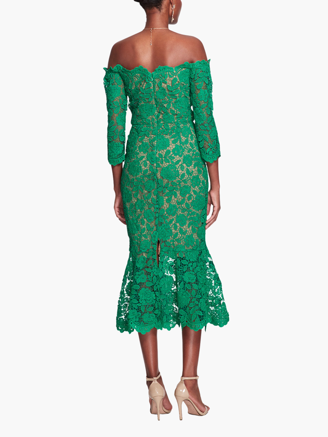 Off Shoulder Scalloped Emerald Lace Gown