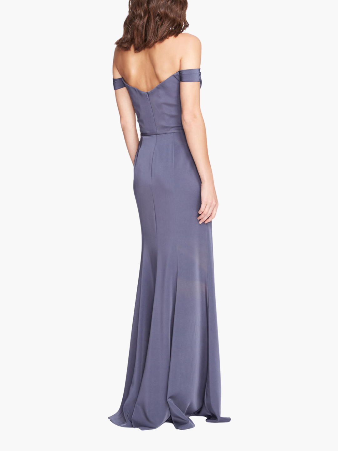 Steel Blue Off The Shoulder Satin Cowl Neck Gown | Marchesa Steel Blue Off The Shoulder Satin Cowl Neck Gown | Marchesa