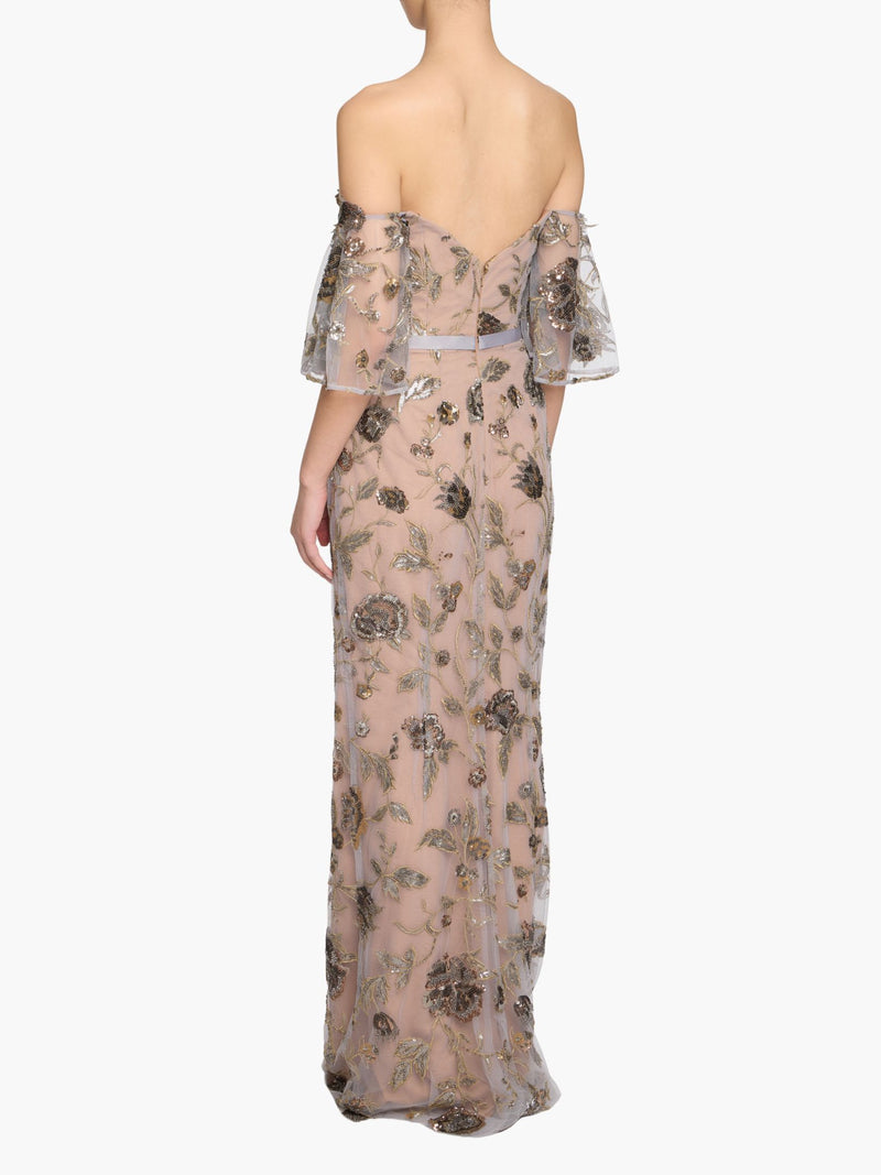 Off The Shoulder Beaded Illusion Column Gown