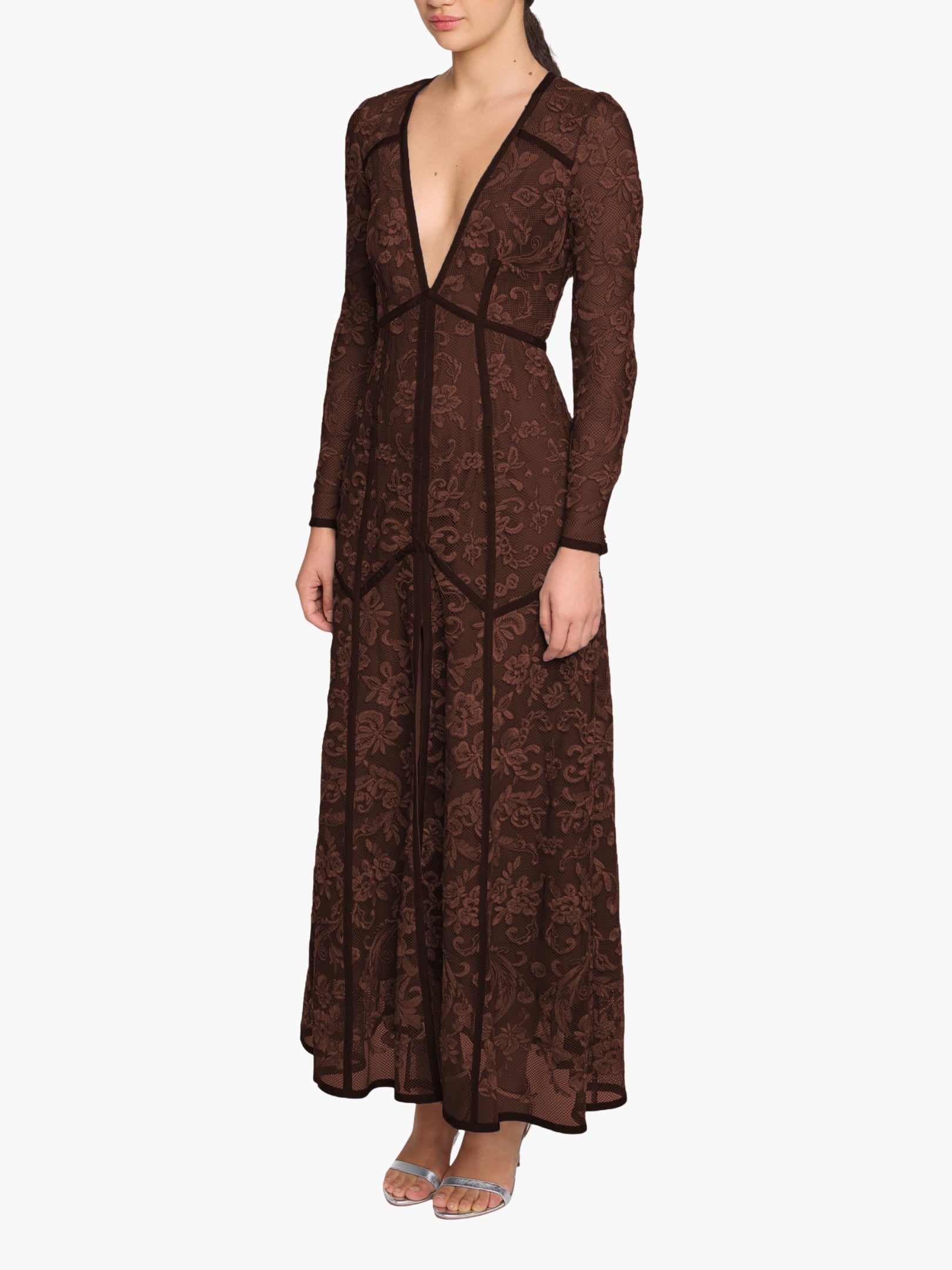 Victorian Corded Lace Deep V Button Maxi Dress