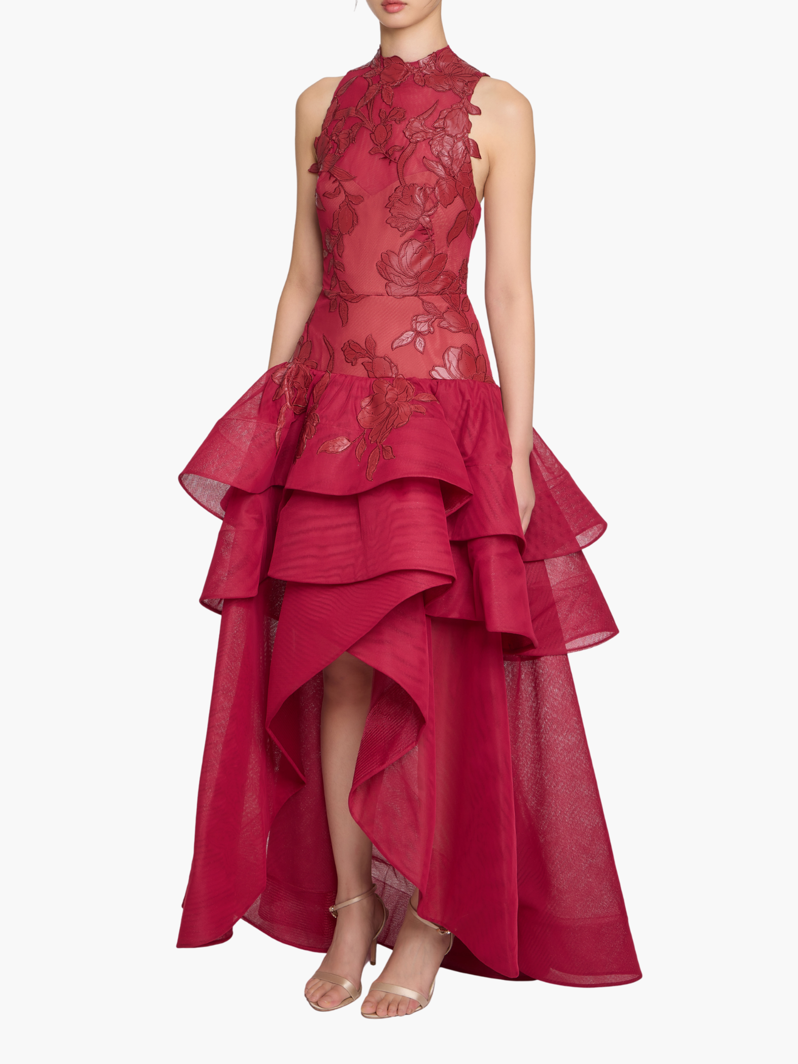 Leather Guipure High Neck Sleeveless Tiered Gown - Red / 2 / N88G4128 Leather Guipure High Neck Sleeveless Tiered Gown - Red / 2 / N88G4128