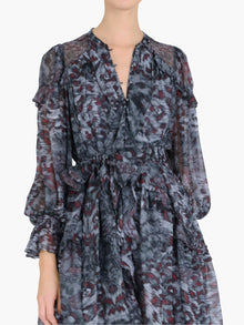 Braided Leopard Flounced Silk Chiffon Mini Dress