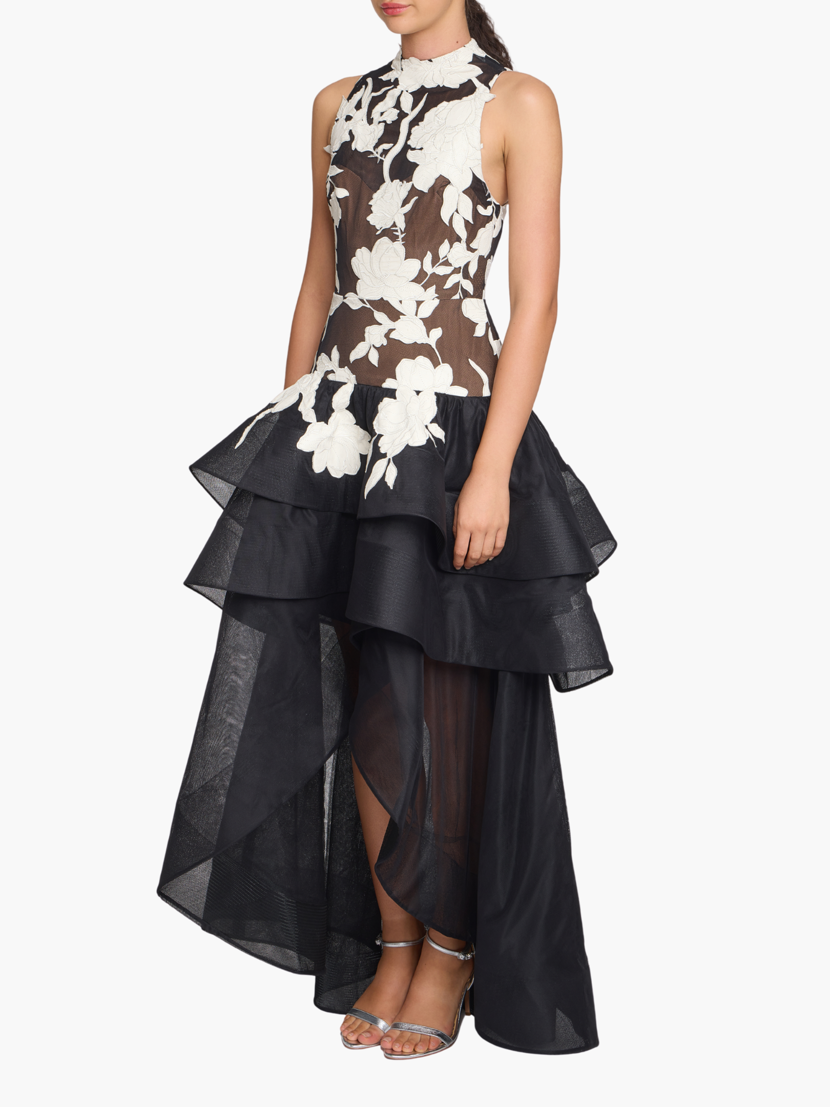 Leather Guipure High Neck Sleeveless Tiered Gown
