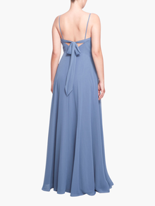 Dusty Blue Chiffon Gown with Back Bow Tie Detail | Marchesa Dusty Blue Chiffon Gown with Back Bow Tie Detail | Marchesa
