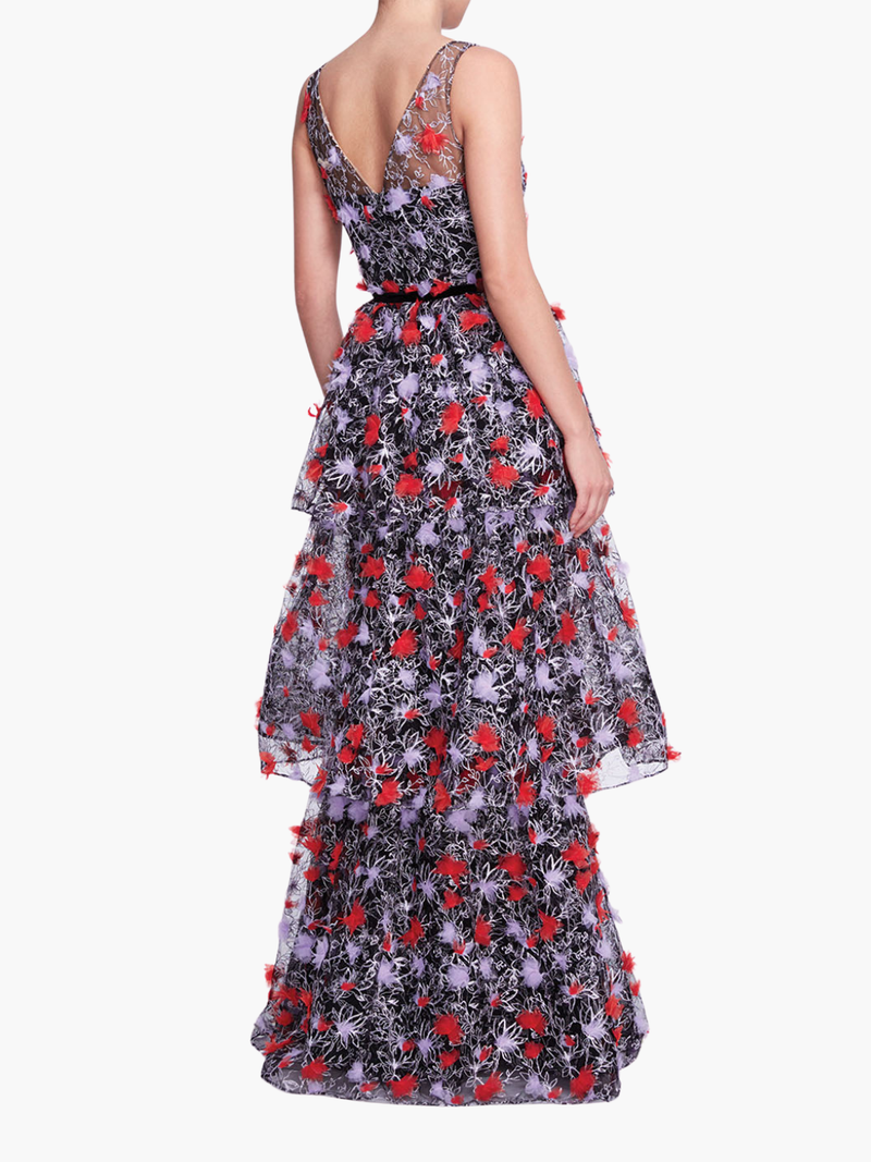 Tiered Embroidered Floral Gown