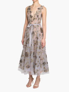 Illusion Murals Sleeveless Embroidered Tulle Midi Dress