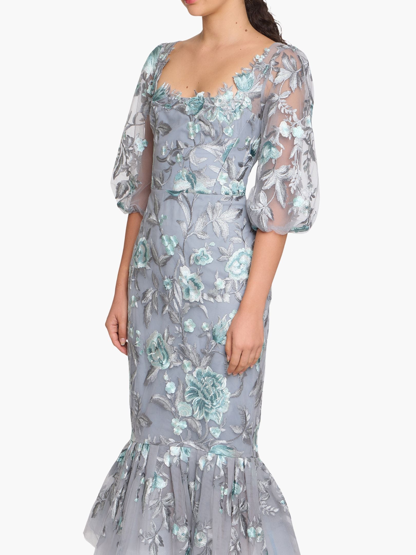 Botanist Bloom Embroidered Puff Sleeve Midi Dress
