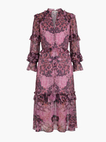 Braided Leopard Flounced Silk Chiffon Midi Dress