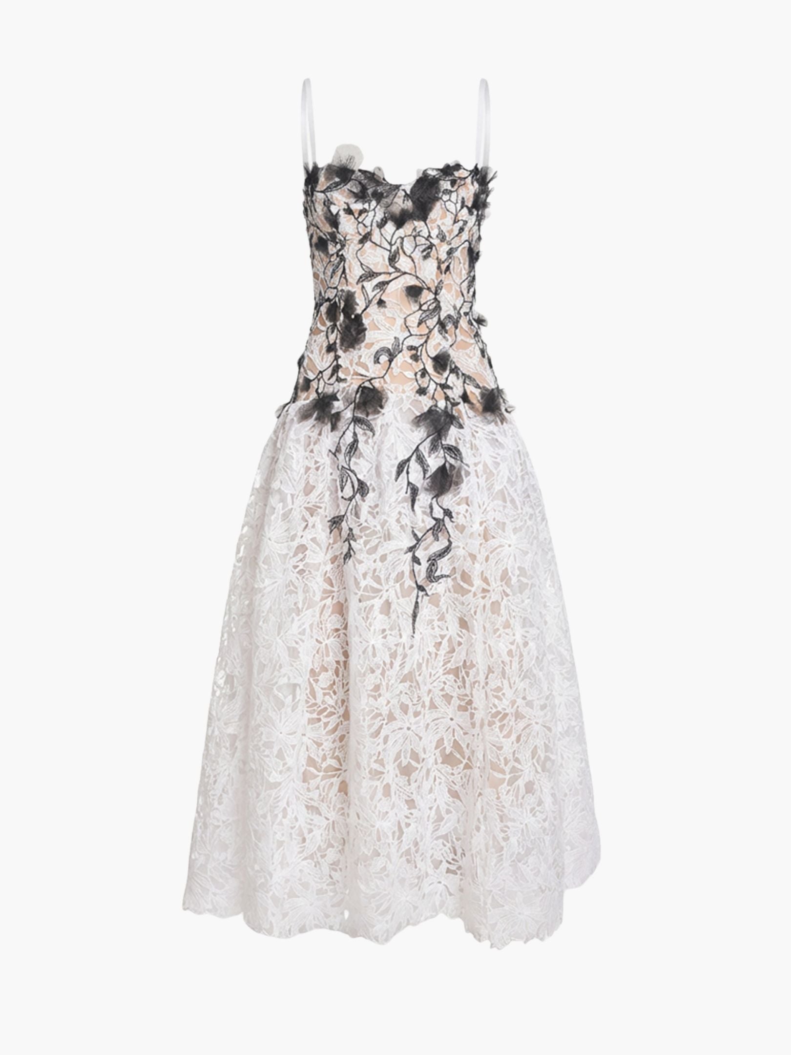 Vivarium Vines Lace Guipure A-line Midi Dress - Black White / 0 / N85M4077 Vivarium Vines Lace Guipure A-line Midi Dress - Black White / 0 / N85M4077