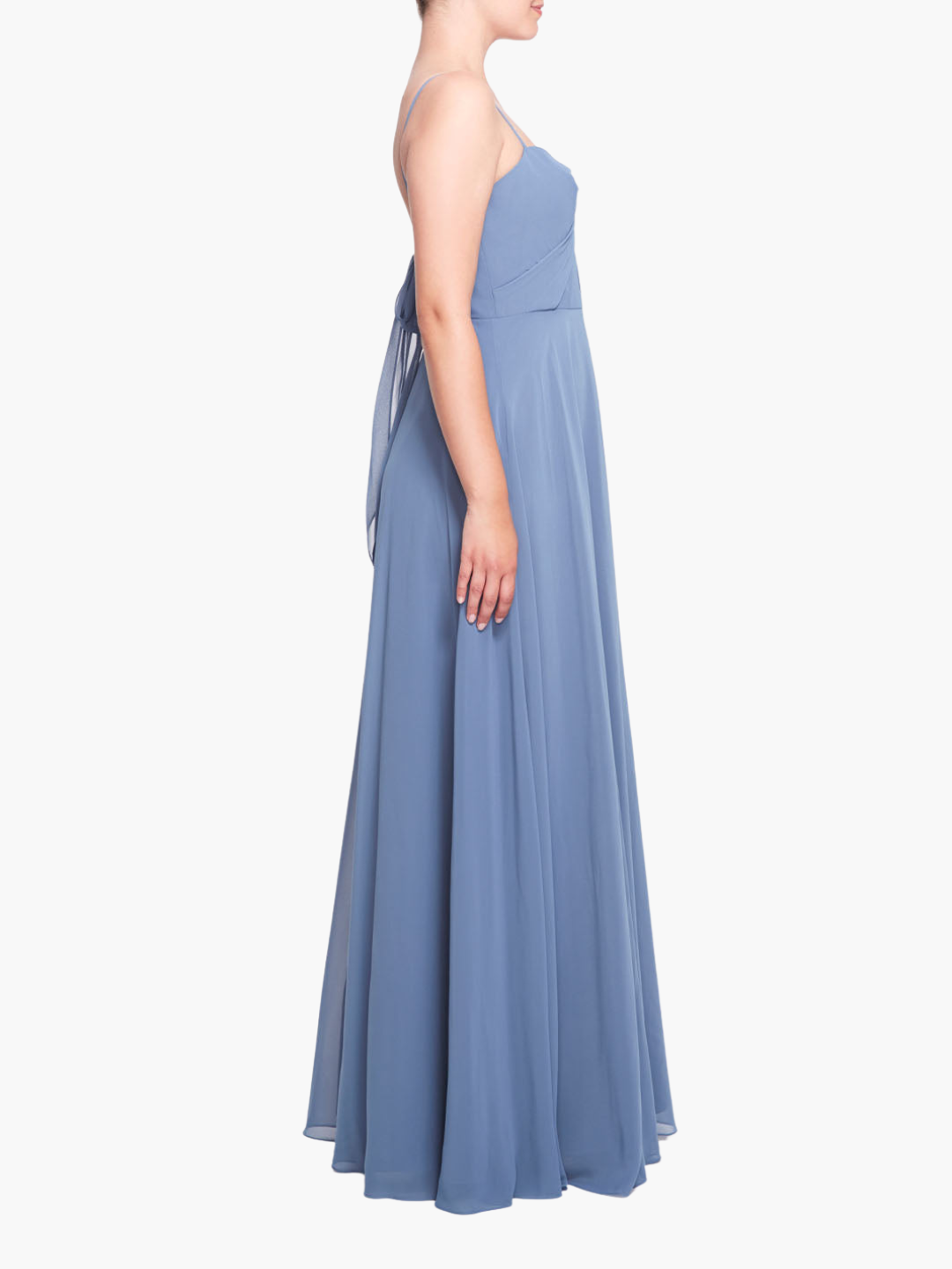Dusty Blue Chiffon Gown with Back Bow Tie Detail | Marchesa Dusty Blue Chiffon Gown with Back Bow Tie Detail | Marchesa
