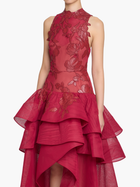 Leather Guipure High Neck Sleeveless Tiered Gown