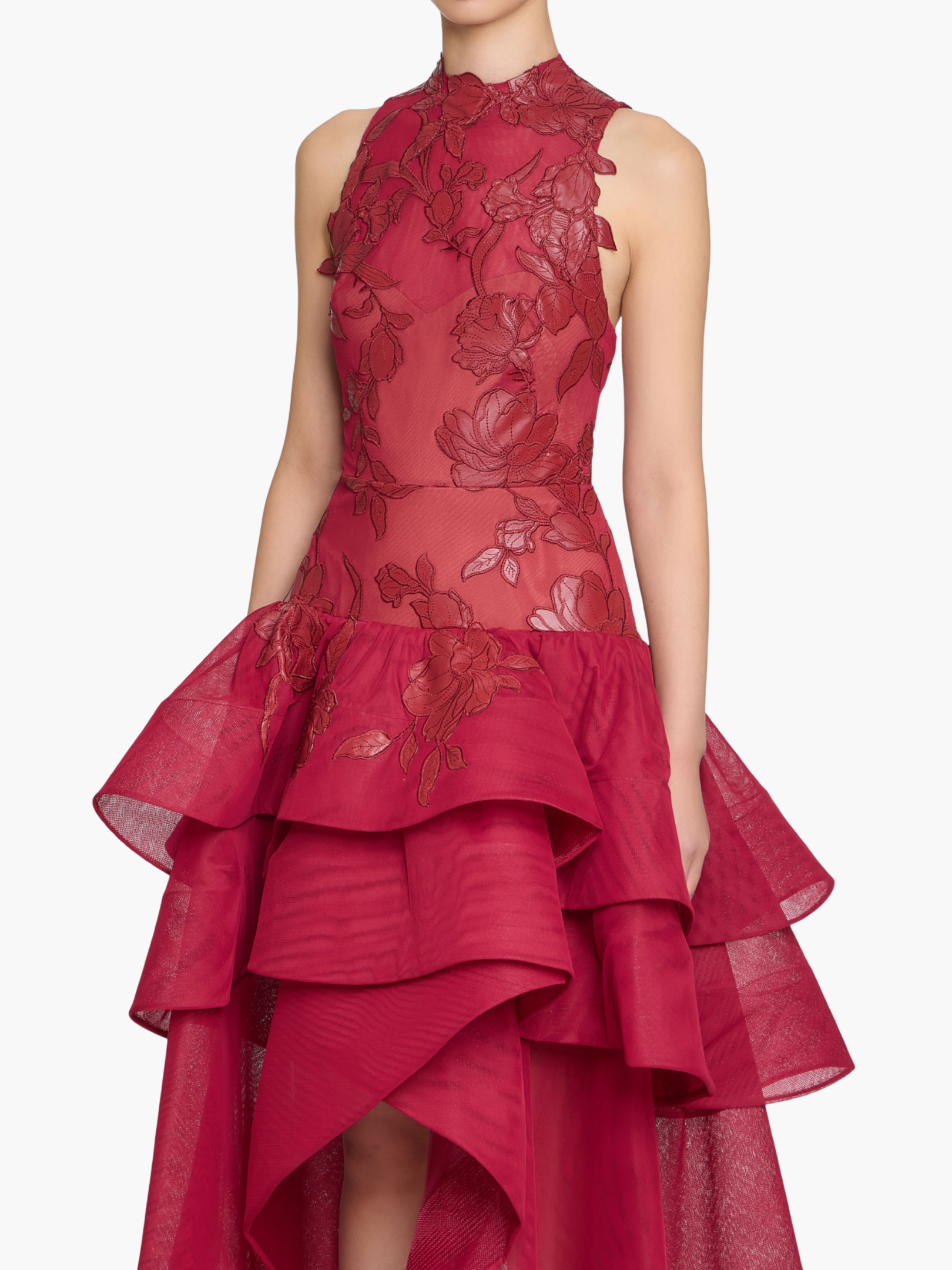 Leather Guipure High Neck Sleeveless Tiered Gown