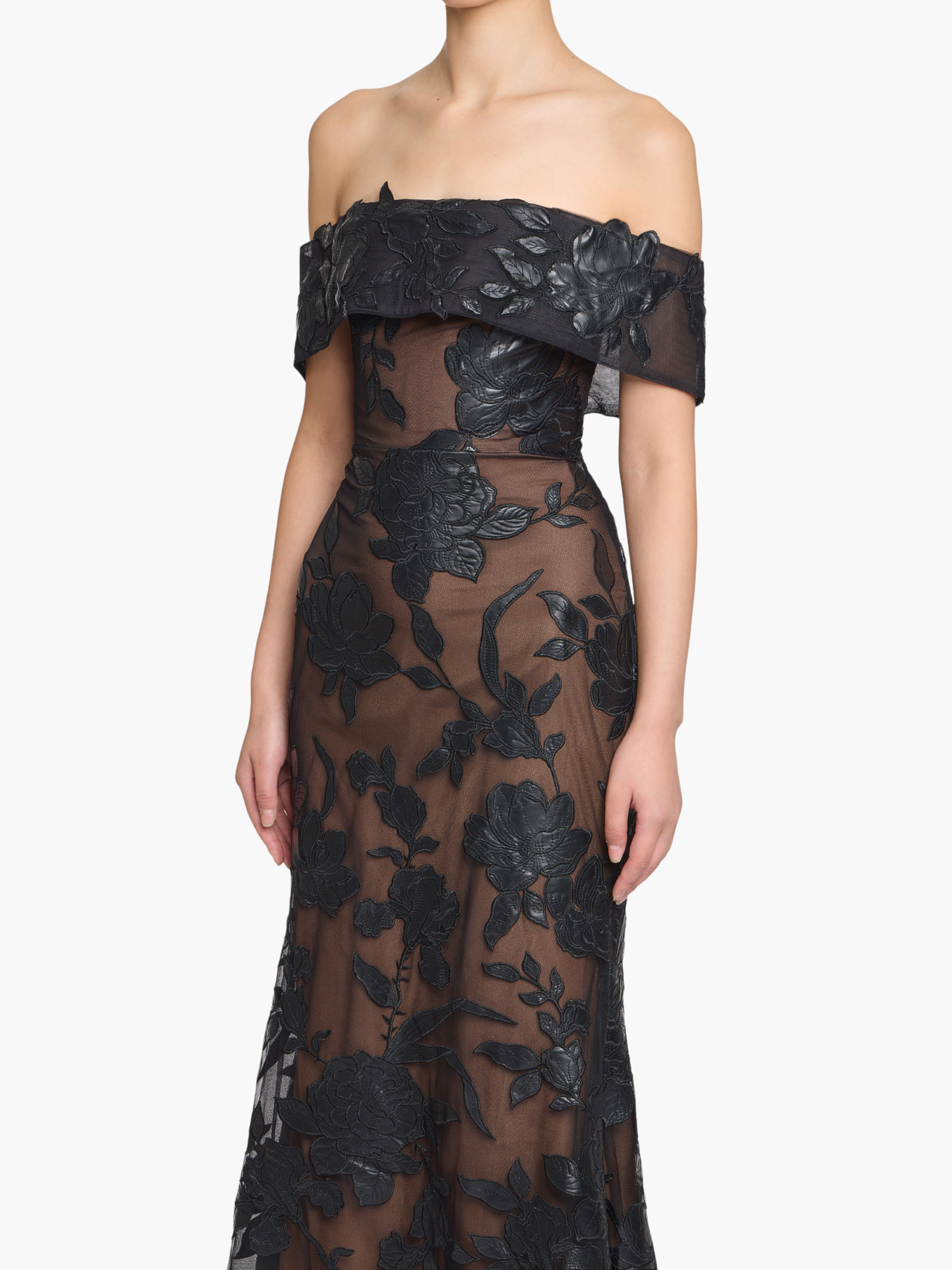 Leather Guipure Fitted Off Shoulder Hi-Lo Gown - Black / 12 / N88G4127 Leather Guipure Fitted Off Shoulder Hi-Lo Gown - Black / 12 / N88G4127