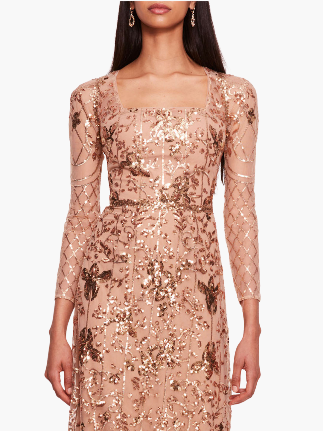 Sequin Lattice Sleeved Gown | Marchesa Sequin Lattice Sleeved Gown | Marchesa