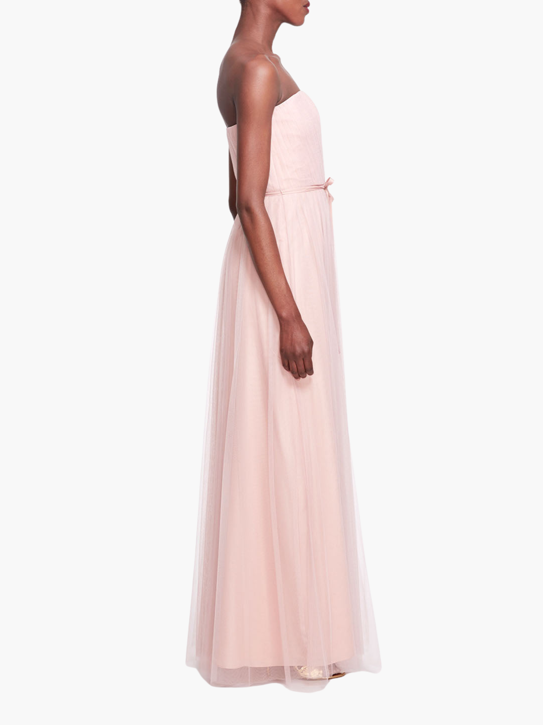 Blush Pink Strapless Tulle Gown with Ribbon Waist Tie