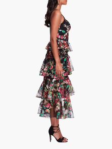 Tiered Embroidered Tea Length Gown