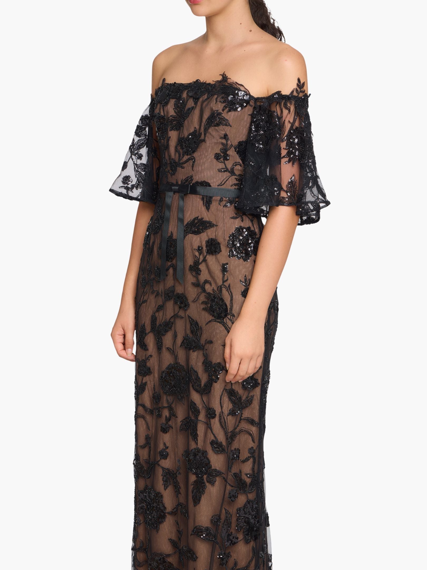 Illusion Murals Off The Shoulder Beaded Illusion Column Gown