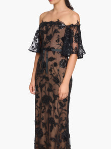 Illusion Murals Off The Shoulder Beaded Illusion Column Gown