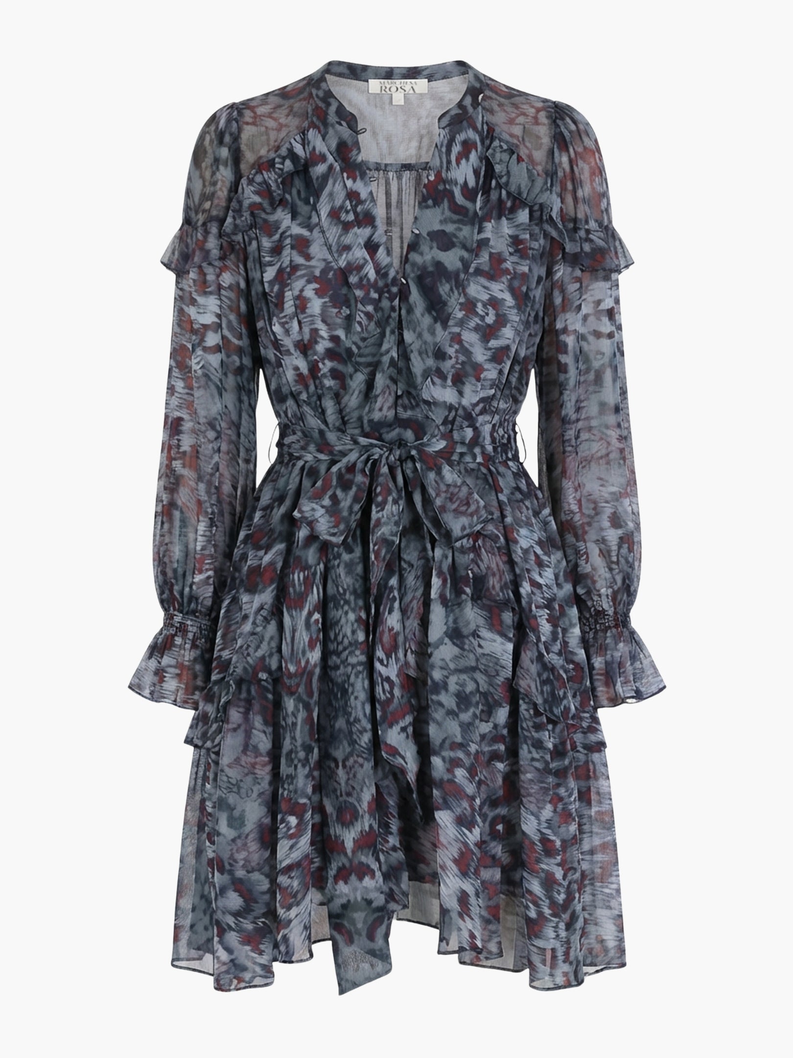 Braided Leopard Flounced Silk Chiffon Mini Dress