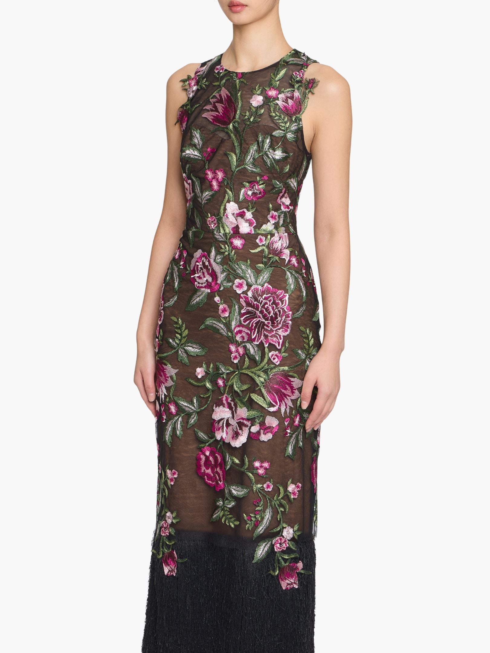 Marchesa Notte Embroidered Floral Midi Dress Marchesa Notte Embroidered Floral Midi Dress