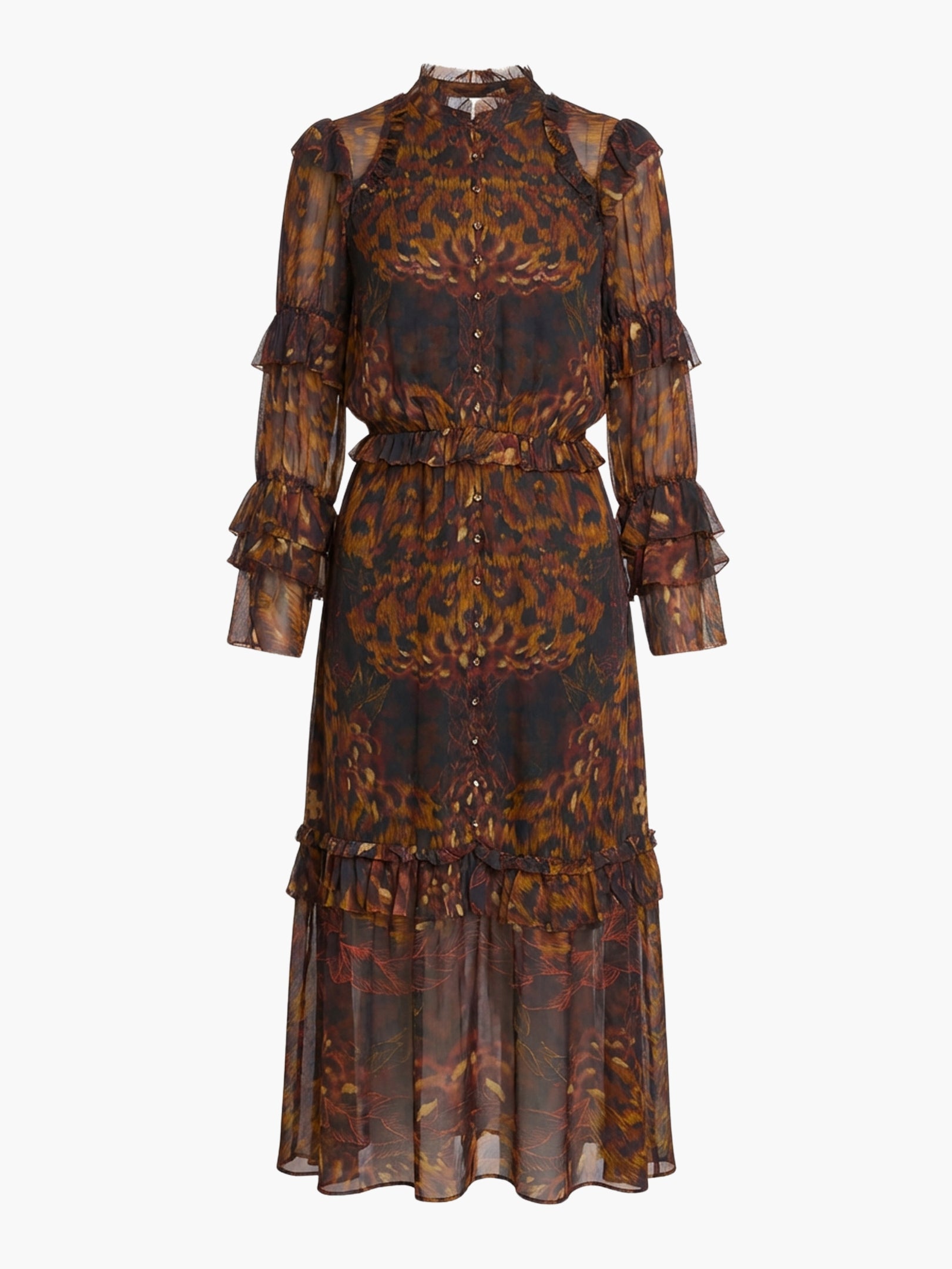 Braided Leopard Flounced Silk Chiffon Midi Dress