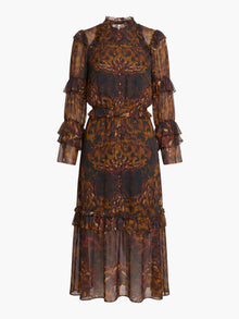 Braided Leopard Flounced Silk Chiffon Midi Dress