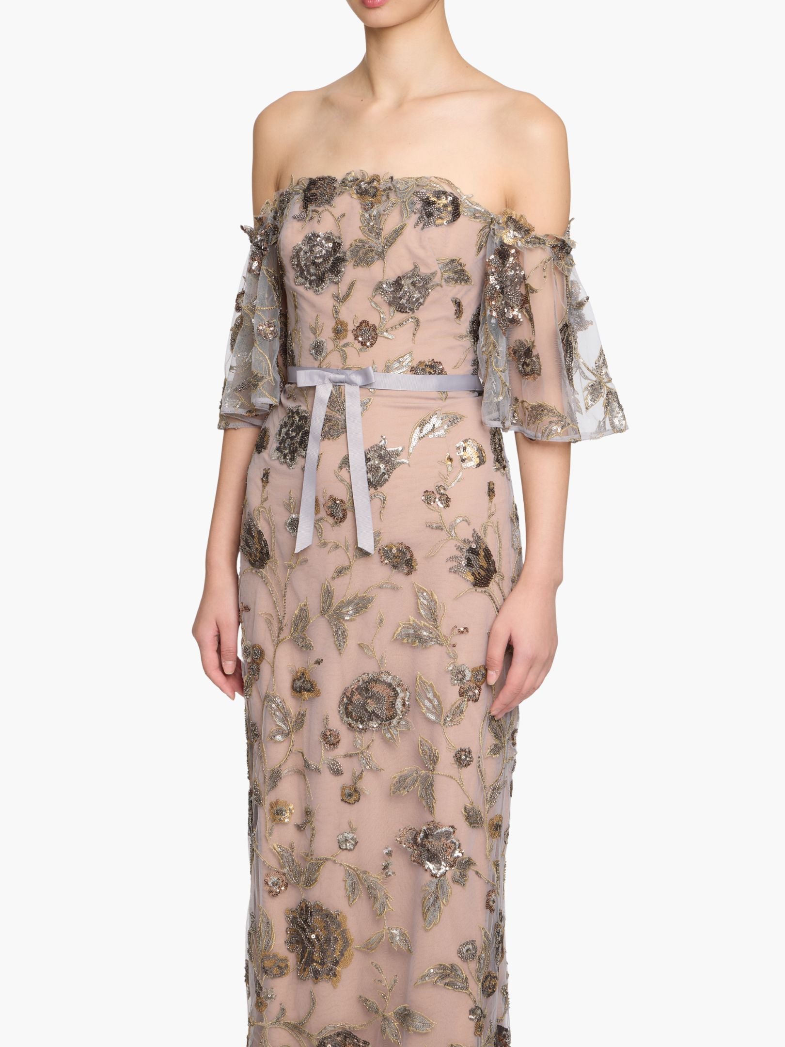 Illusion Murals Off The Shoulder Beaded Illusion Column Gown