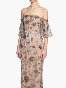 Illusion Murals Off The Shoulder Beaded Illusion Column Gown