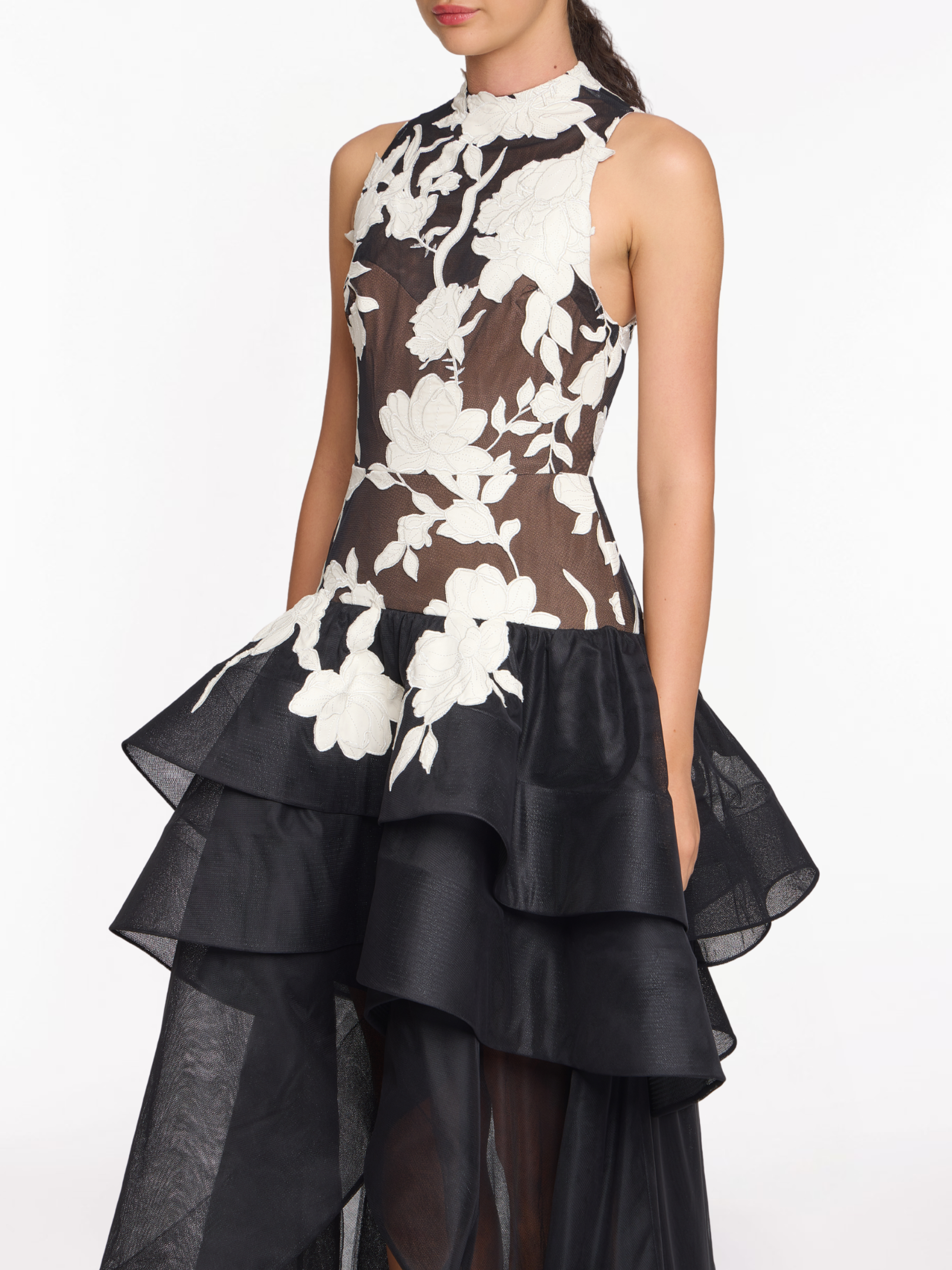 Leather Guipure High Neck Sleeveless Tiered Gown