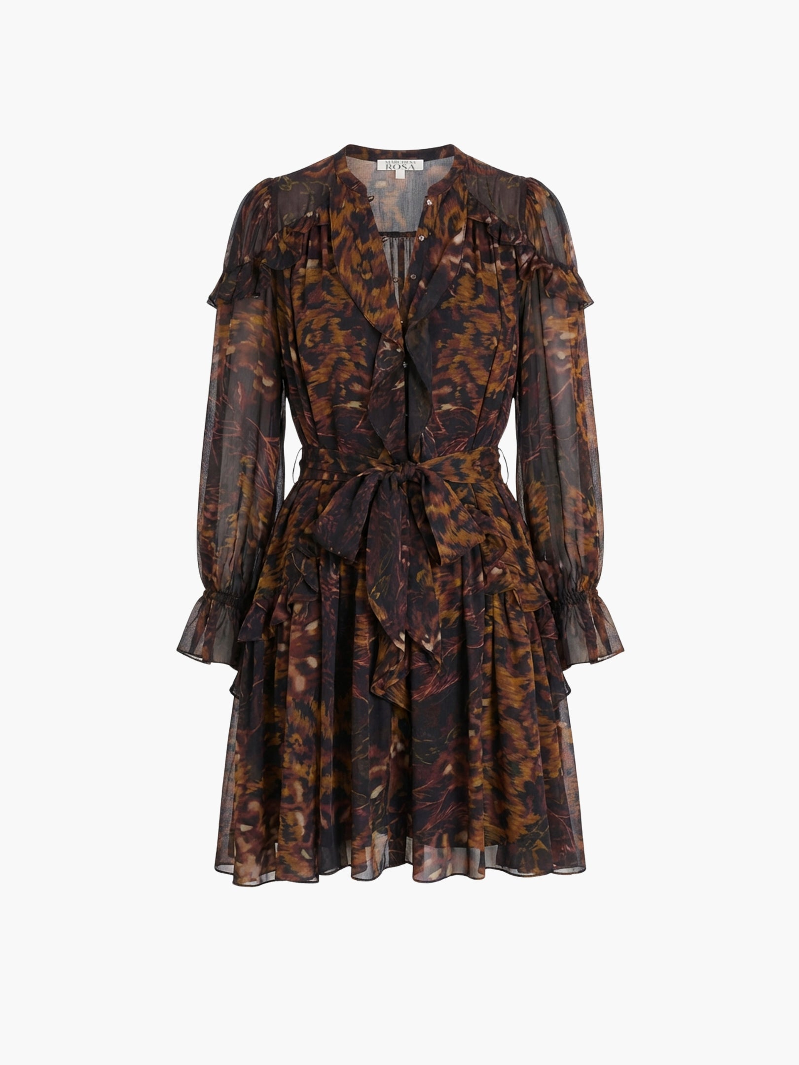 Braided Leopard Flounced Silk Chiffon Mini Dress