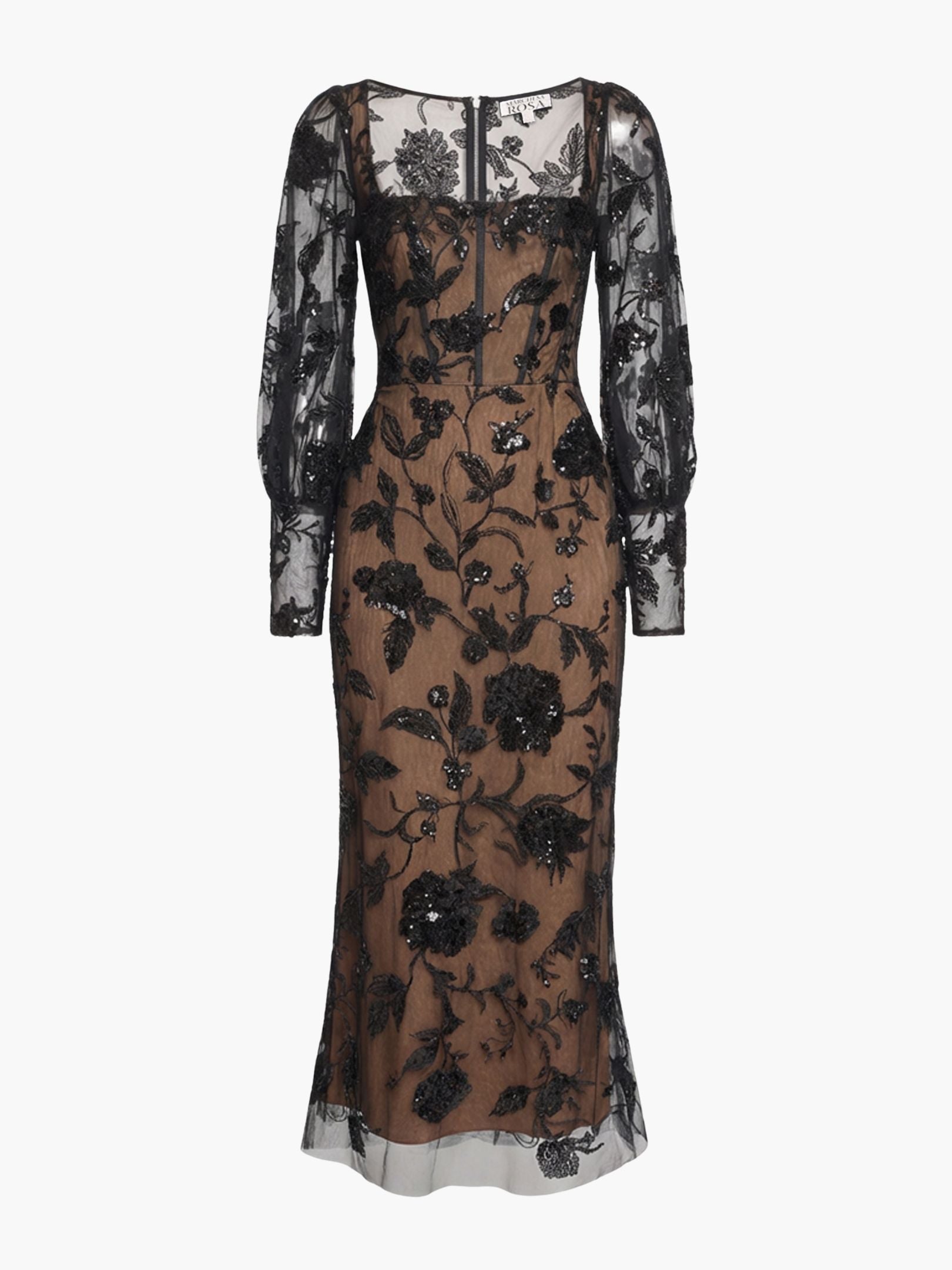 Illusion Murals Long Sleeve Corset Embellished Cocktail Maxi Dress | Marchesa Illusion Murals Long Sleeve Corset Embellished Cocktail Maxi Dress | Marchesa