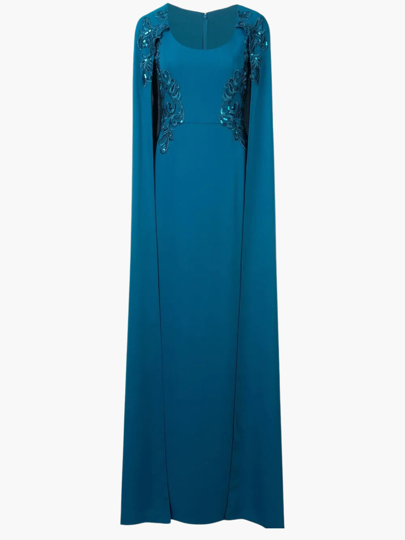 Crepe Caped Gown with Embroidery