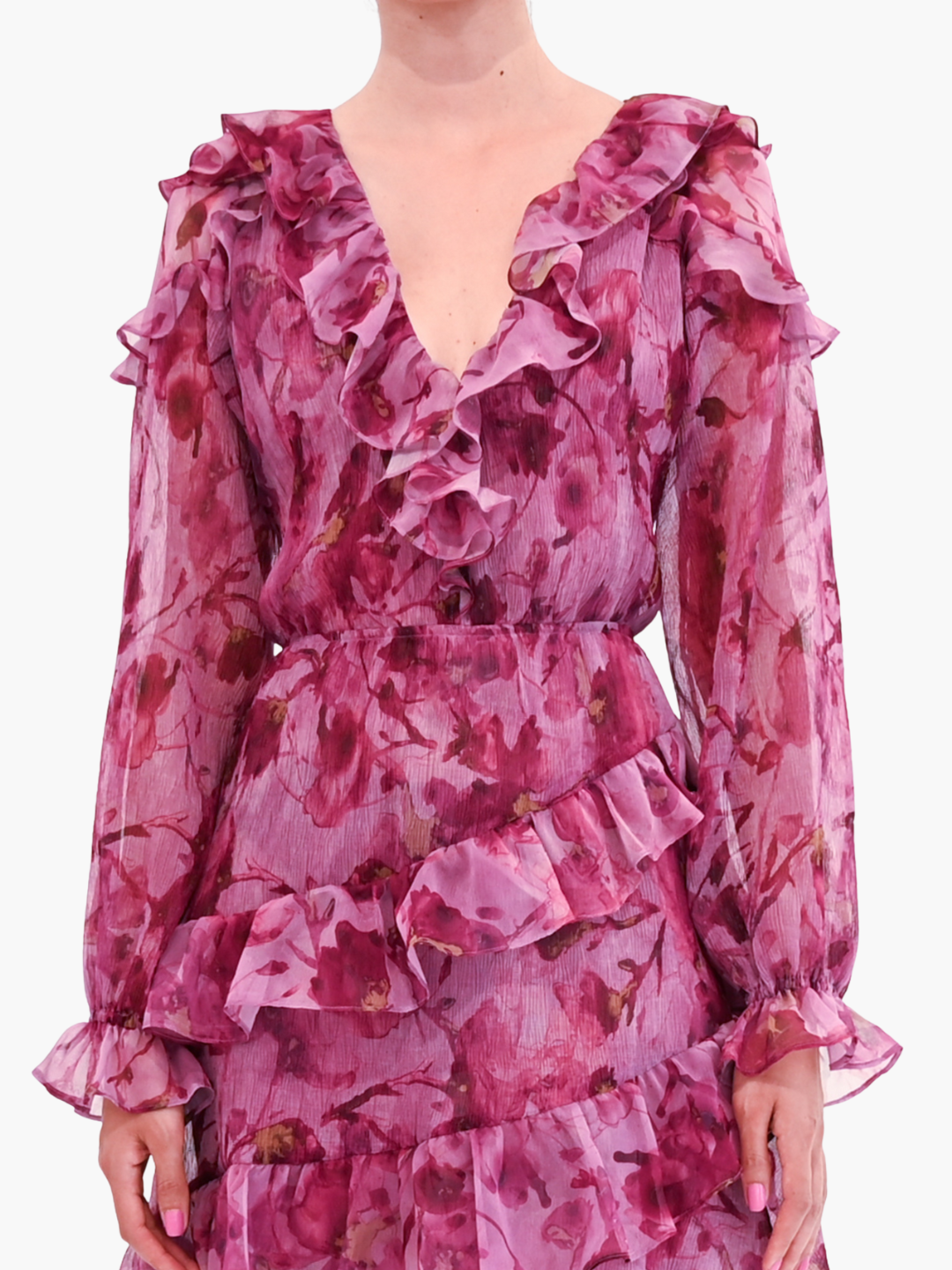 Watercolor Blooms Pleated Long Sleeve Chiffon Mini Dress