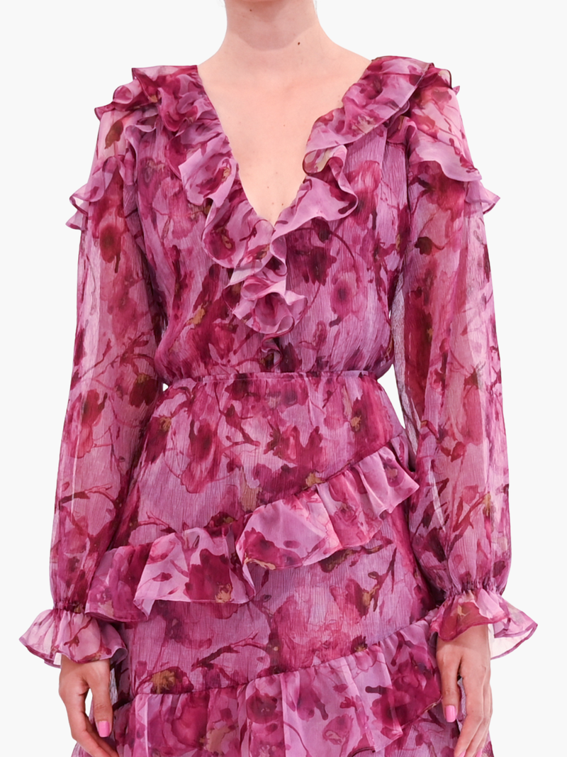 Watercolor Blooms Pleated Long Sleeve Chiffon Mini Dress