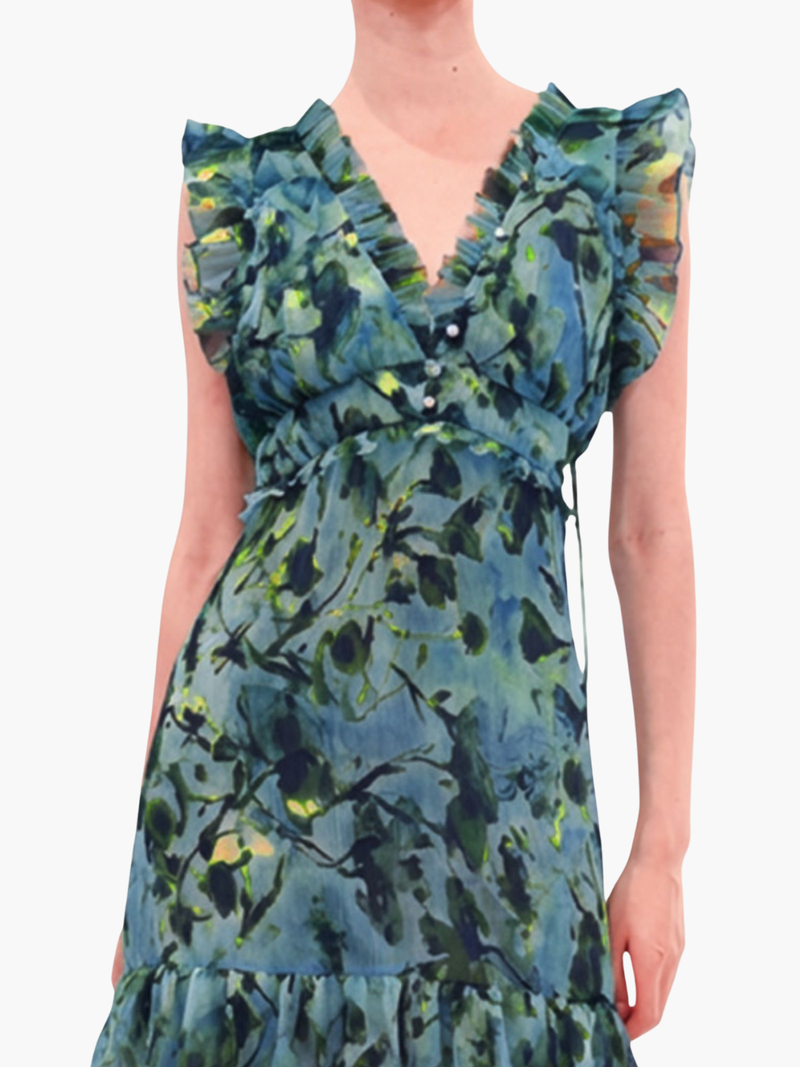 Watercolor Blooms Pleated Chiffon Maxi Dress