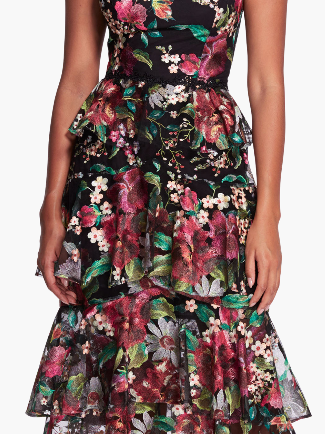 Tiered Embroidered Tea Length Gown