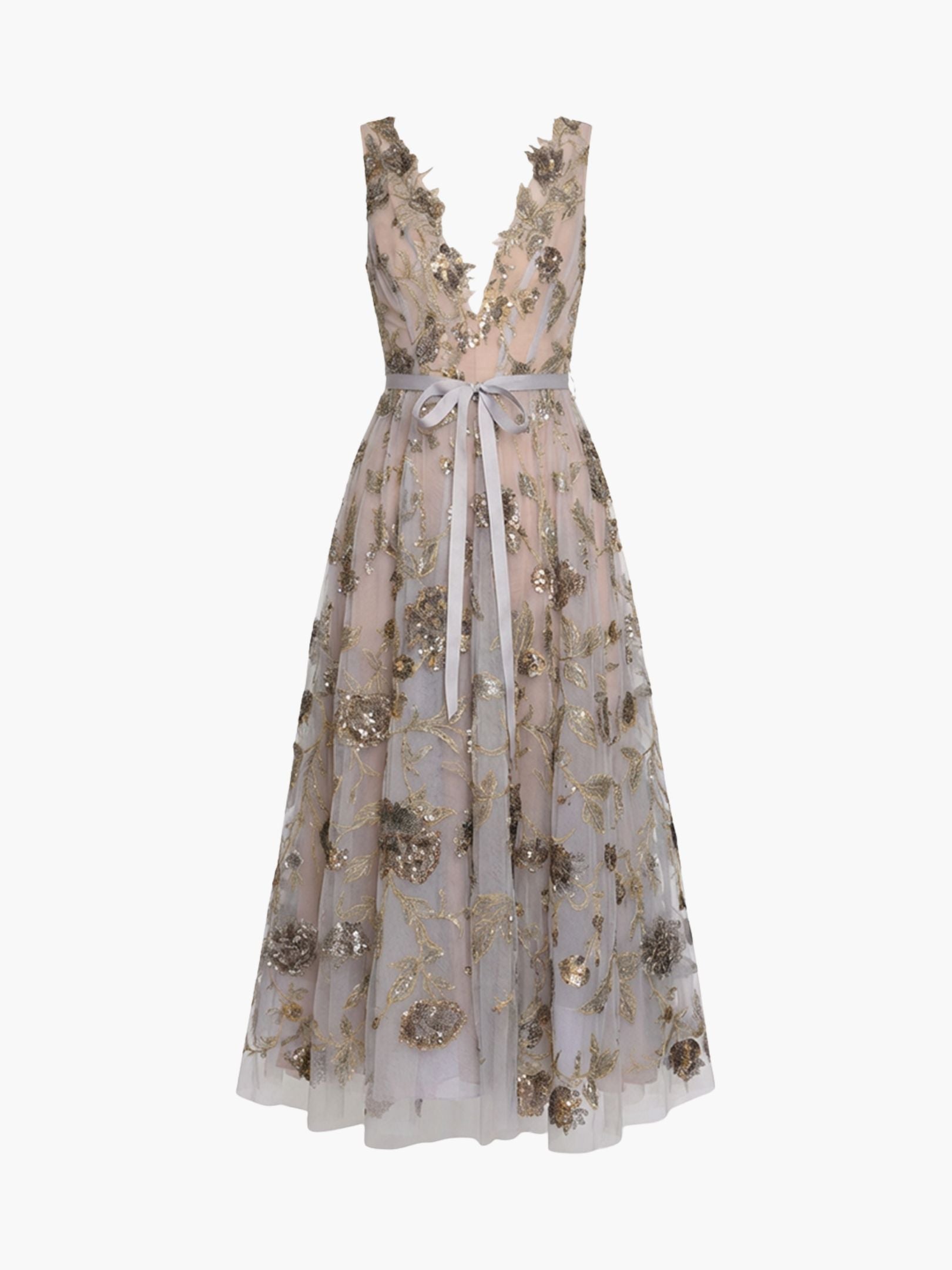 Illusion Murals Sleeveless Embroidered Tulle Midi Dress